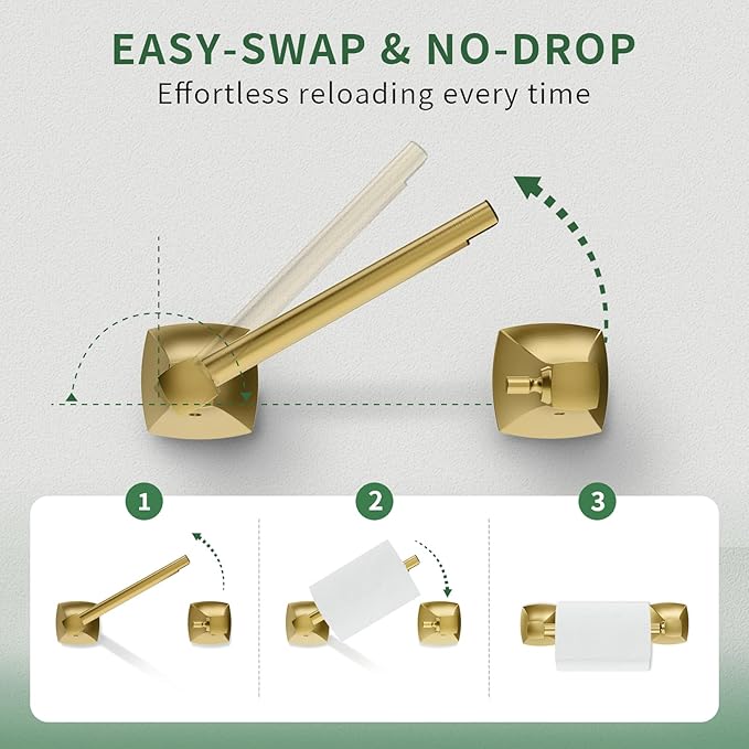 Toilet Paper Holder Wall Mount Brushed Gold Double Post Pivoting Tissue Roll Holder Stainless Steel and Zinc Alloy for Bathroom RV Commercial