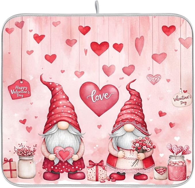 Valentine’s Day Gnomes Dish Drying Mat for Kitchen Countertop 16x18 Pink Love Heart Pink Small Drying Mat Reusable Quick Dry Dish Sink Mats Easy Clean Decorative Essentials