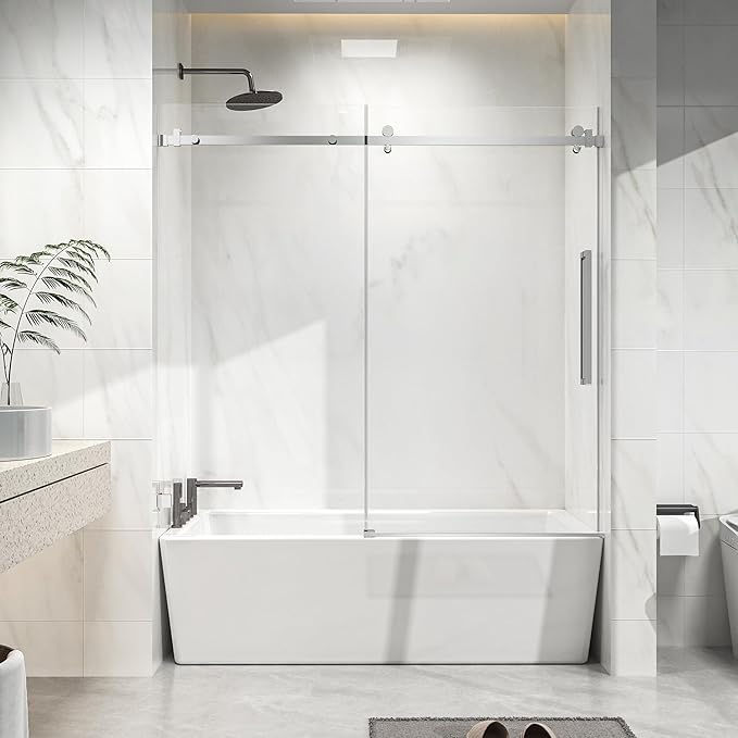 Frameless Sliding Bathtub Door 60" W x 58" H, 1/4" Clear Tempered Glass, Reversible Installation, Stainless Steel Hardware, Chrome Finish, Space-Saving Glass Tub Shower Door for Bathrooms