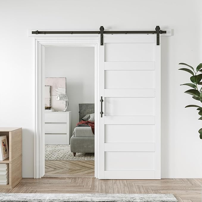 38in x 84in Sliding Barn Door with 6.6ft Barn Door Hardware Kit & Handle, Pre-Drilled Holes Easy Assembly -Solid Barn Door Slab Covered with Water-Proof PVC Surface, White, 5 Panel