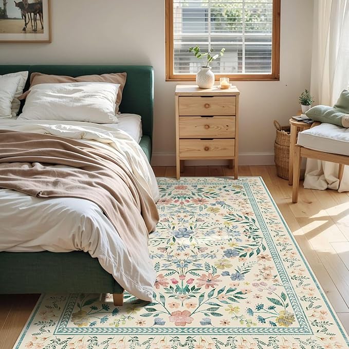 Floral Rug for Living Room Bedroom, 4x6 Washable Rug, Green Vintage Boho Area Rug, Large Non Slip Low Pile Wool Carpet for Indoor Dining Room,Girls Kids Room and Nursery Room