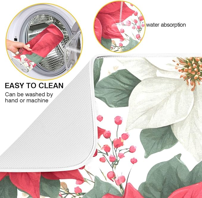 Red Poinsettias and Leaves Dish Drying Mat for Kitchen Counter Super Absorbent Drying Mat 18x24 inch Large Dish Drying Matts for Countertop Protector Dishes Pad
