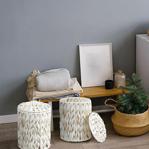 Ctosree 1.3 Gallons Small Trash Can with Lid Handle Boho Woven Braided Bathroom Waste Basket Trash Can with 100 Garbage Bags for Bedroom Office Laundry(Cream White,Braided Polypropylene,Round)