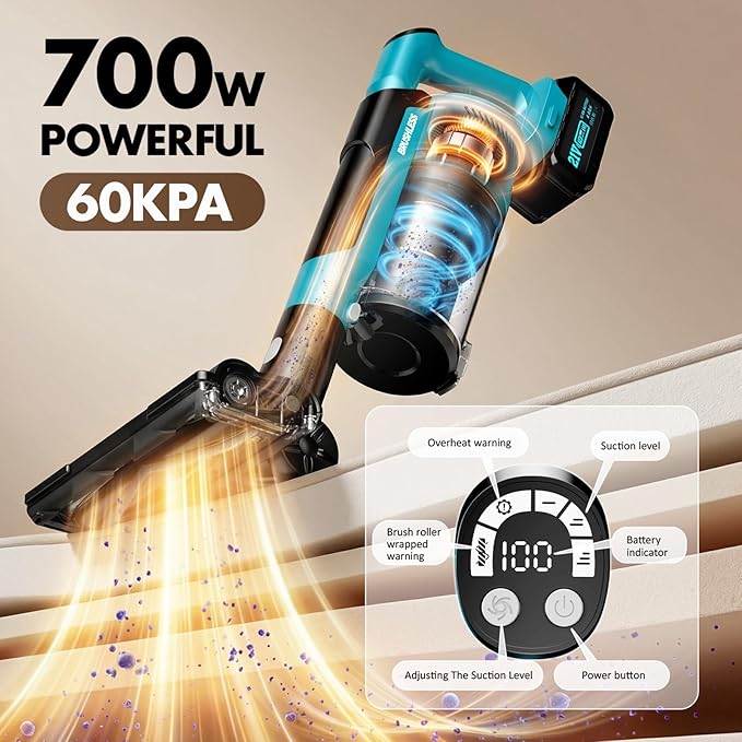 Cordless Vacuum Cleaners for Home with 2*Battery 8000mAh, Brushless Rechargeable Stick Vacuum with 3 Mode, 6 In 1 Portable Handheld Cordless Vacuum for Pet Hair /Hardwood Floor/Dorm/Carpet (Blue)