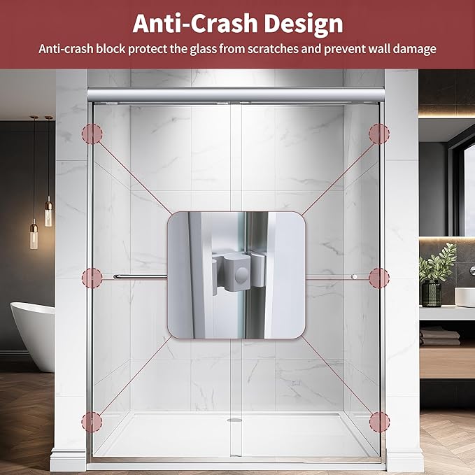 56-60" W x 72" H Semi-Frameless Double Sliding Glass Shower Door, 1/4" (6mm) Clear Tempered Glass, Bypass Sliding Shower Door for Bathroom, Easy to Clean (Chrome, 60" W x 72" H)