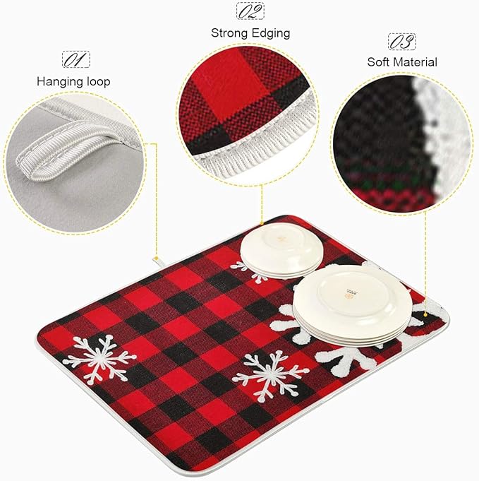 Christmas Red Plaid Snow Snowflake Dish Drying Mat 18x24 inch Red Black Lattice Texture Dish Drainer Kitchen Counter Mats Bottles Dish Dry Pad Protector for Kitchen Countertops