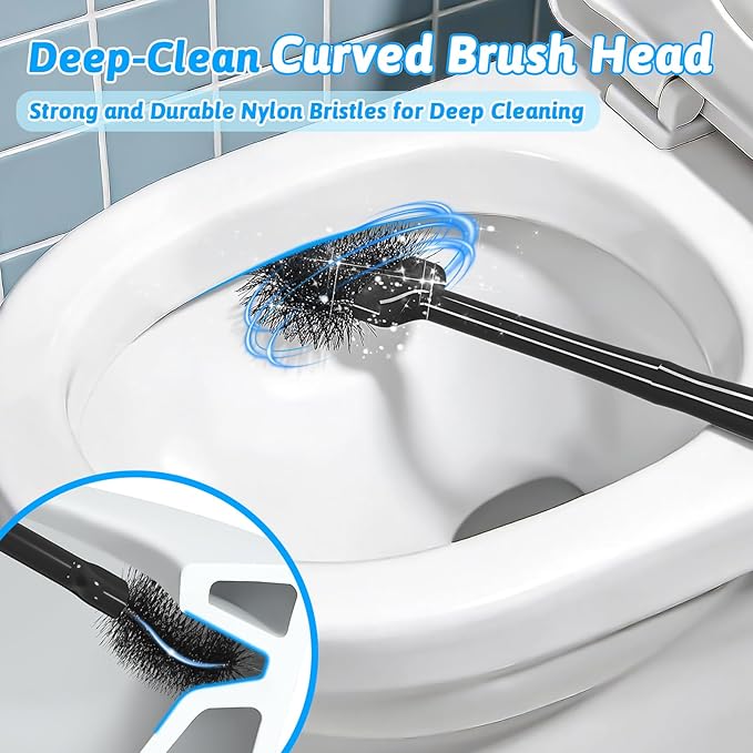 Sellemer Toilet Brush and Plunger Set, Curved Design Head for Deep Cleaning, Heavy Duty Toilet Bowl Brush and Plunger Combo with Holder for Bathroom Cleaning, Black, 2 Pack
