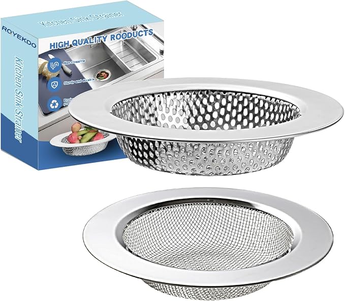 RQYEKDO Kitchen Sink Strainer Stainless Steel with Coarse Mesh4.4 Wide Rim Drain Strainer |Fits Standard Sinks & GarbageDisposals(Silver)(2pcCoarse & Fine Mesh)