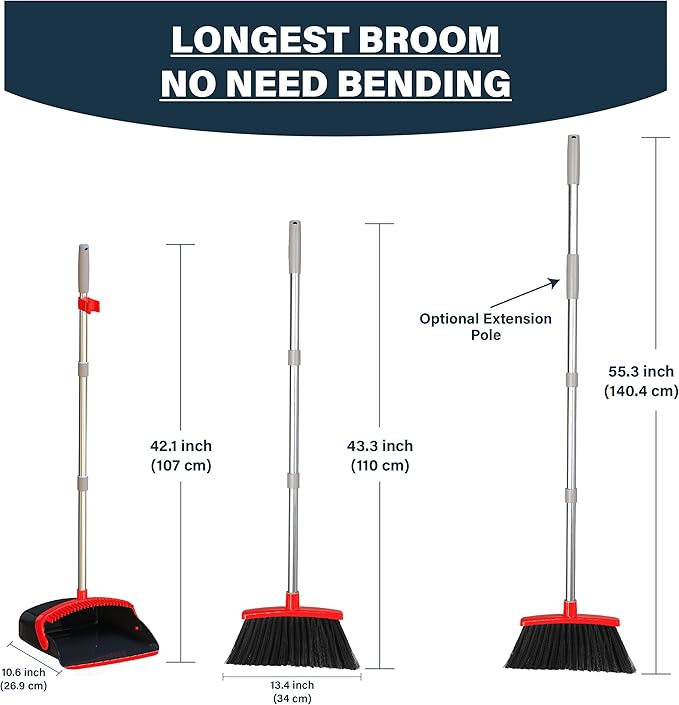 Broom and Dustpan Set 55", Long Adjustable Stainless Steel Handle, Upright, Large Size, Lightweight Broom with Dustpan Combo Set for Home Kitchen Office Lobby Indoor and Outdoor