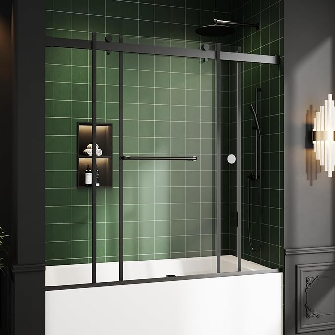 Bathtub Sliding Door, 55"-60" W x 56" H Tub Shower Door, Bathtub Glass Door Bathtub Double Sliding Shower Door Tempered Glass Explosion-Proof Film Stainless Steel Matte Black