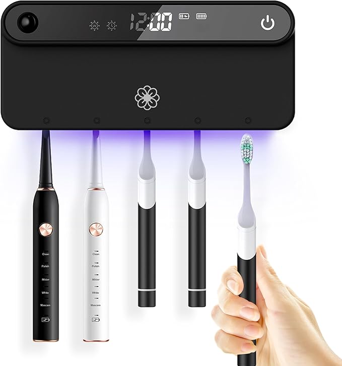 Bloom Toothbrush Sanitizer and Holder for Bathroom Walls, Strong 3M Adhesive, Time Display, Long-Lasting Charge, 5 Slots for Any Size Toothbrush, Black