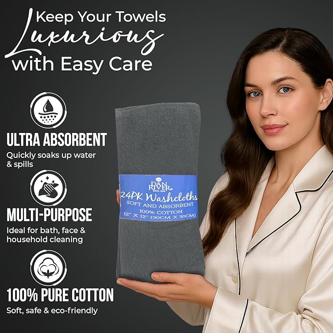 DAN RIVER 12 Pack Wash Cloths for Showering [12x12] - 100% Cotton Washcloths Premium Quality Flannel Face Cloths for Bathroom, Highly Absorbent and Soft Feel Wash Clothes, Black, Grey & White