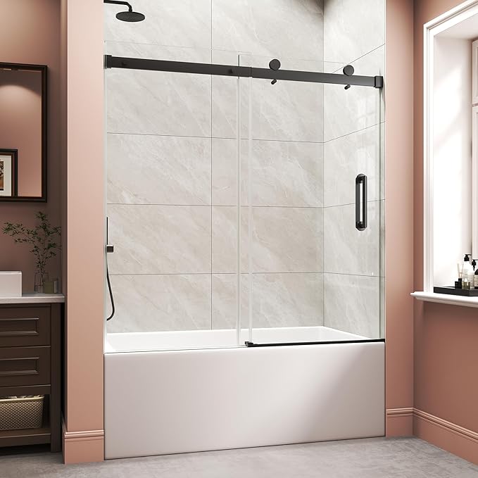 Frameless Bathtub Shower Door, Tub Sliding Door with Nano Coating & Safety Film, 1/4" (6mm) SGCC Tempered Glass，Adjustable 55"-60" W x 60" H, Matte Black