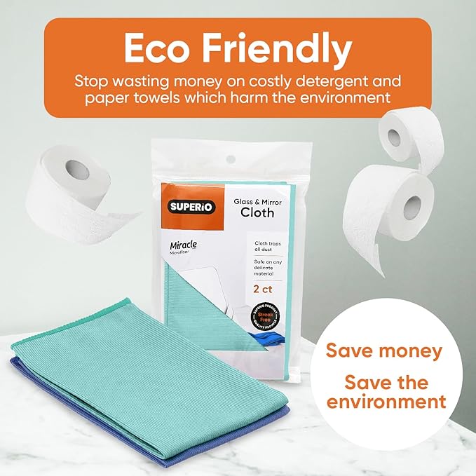 Superio Microfiber Glass Cleaning Cloth, Mirror & Window Miracle Cloth Lint & Streak Free, Washable, Large Eco-Friendly for Electronics, Cars, Tv Screens, Glasses...