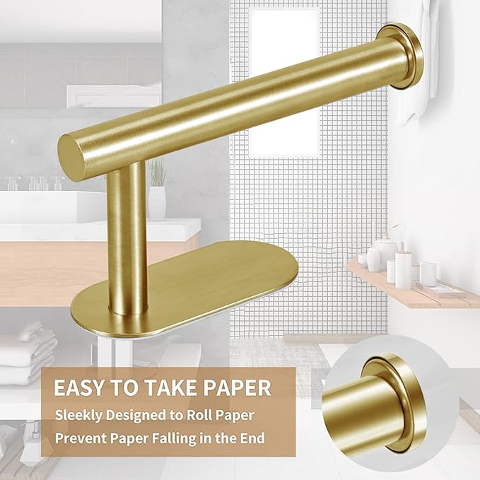 Toilet Paper Holder - Self Adhesive Toilet Paper Holder Wall Mount for Bathroom, SUS 304 Stainless Steel Command Strip Toilet Paper Roll Holder Stick On Wall, No Drilling - Brushed Gold（2 Pcs）