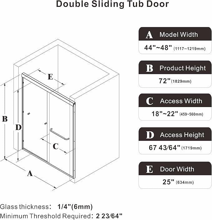 44-48" W x 72" H Semi-Frameless Double Sliding Glass Shower Door, 1/4" (6mm) Clear Tempered Glass, Bypass Sliding Shower Door for Bathroom, Easy to Clean (Brushed Gold, 48" W x 72" H)