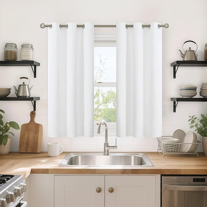 YoungsTex White Linen Blackout Curtains 45 Inch Length, Short Thermal Insulated Drapes with Grommet Energy Saving for Bedroom Living Room Window, 2 Panels, 42 X 45 Inch