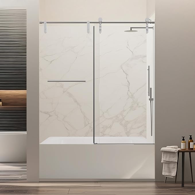56-60" W x 66" H Frameless Bathtub Shower Door, Bathroom Single Sliding Tub Shower Glass Doors with 5/16" (8mm) SGCC Tempered Glass, Stainless Steel Handle and Heavy Duty Frame, Chrome