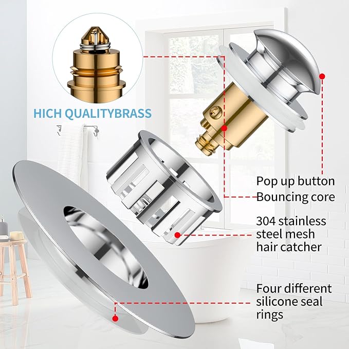 Universal Tub Stopper for Bathroom Sink & Bathtub Drain, 2-in-1 Pop Up Drain Stopper with Hair Catcher, Brass Anti-Clog Bathroom Sink Drain Strainer, Easy to Clean, Fits 1.5" to 1.8" Drain Holes