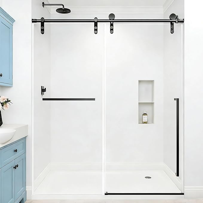 Frameless Shower Door, 56-60" W x 75" H 5/16" 8mm Glass Sliding Shower Doors with Explosion-Proof Film, Shower Doors for Walk in Shower with Clear Tempered Glass Stainless Steel Hardware, Matte Black
