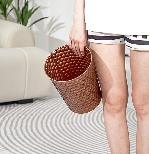 Small Metal Trash Can Wastebasket, Decorative Honeycomb Garbage Can Waste Basket, Modern Farmhouse Round Trash Bin for Bathroom, Bedroom, Kitchen and Office (Copper)