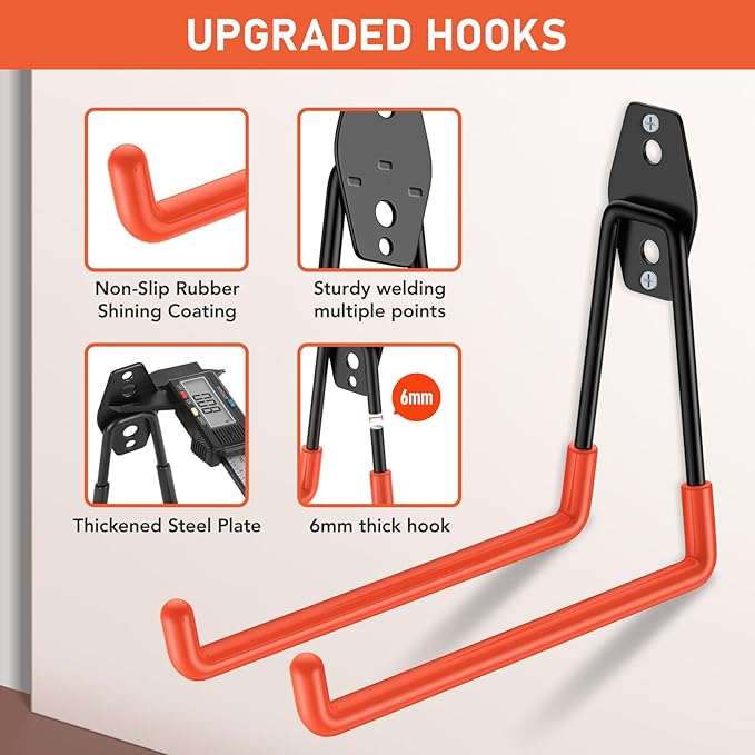 30 Pack Garage Hooks Heavy Duty, Rust-Resistant Solid Steel Wall Mount Hangers for Hanging Ladders & Bikes, Non-Slip PVC Coating Tool Organizer, 5 Sizes U & J Shapes + 2 Straps