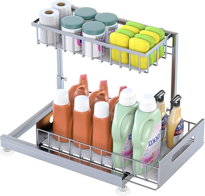 Under Sink Organizer Storage 2-Tier Premium Metal Pull-Out Kitchen Cabinet Organizer with Sliding Drawer, Height Adjustable, Heavy Duty for Kitchen & Bathroom Organizers 1 Pack Grey