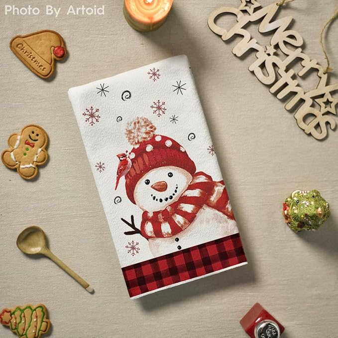 Artoid Mode Red Xmas Tree Snowman Christmas Kitchen Towels Dish Towels, 18x26 Inch Farmhouse Holiday Winter Decoration Cleaning Set of 2