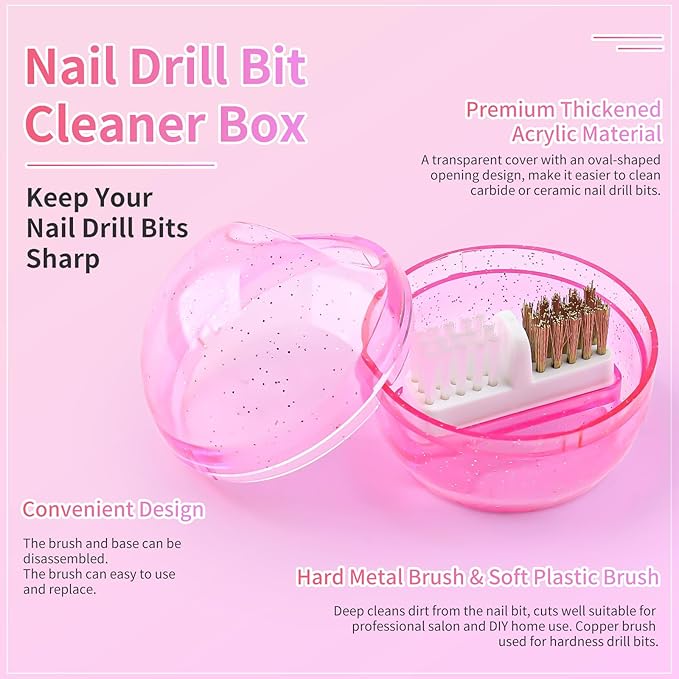 Nail Drill Bits Cleaner Brush Case Accessories, Nail Art Cleaner Tool Case with Steel & Nylon Wire Brush for Cleaning Tungsten Carbide Ceramic Nail Drill Bits Cuticle, Pink