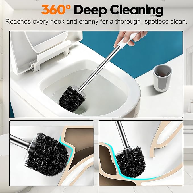 Toilet Brush, Compact Toilet Bowl Brush and Holder, Stainless Steel Handle, Toilet Cleaner Brush Deep Cleaning for Bathroom, Easy to Assemble White & Grey ﻿