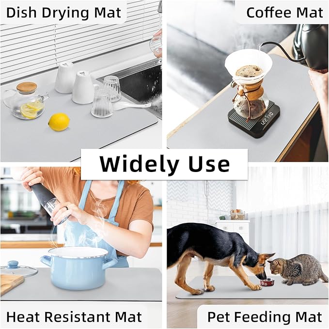 LOPNUR Kitchen Dish Drying Mat, 31.5"x17" Dish Drying Mats for Kitchen Counter, Super Absorbent Dish Drying Pad, Diatomite Coffee Mat Heat Resistant Mat with Anti-slip Rubber Backed, Light Grey