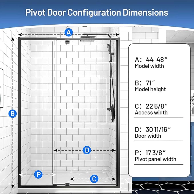 Pivot Glass Shower Door, 44–48" W x 71" H, 1/4"(6mm) Clear SGCC Tempered Glass, Matte Black Finish, Magnetic Closure, Reversible Installation