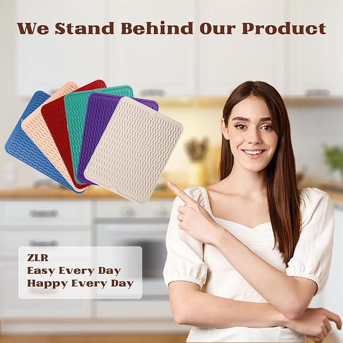 ZLR Silicone Dish Drying Mat 12" x 12" Square - Small Heat Resistant Trivet & Countertop Protector for Air Fryer, Coffee Maker - Waterproof Kitchen Drain Pad for Cups, Fruit (Dark Gray)