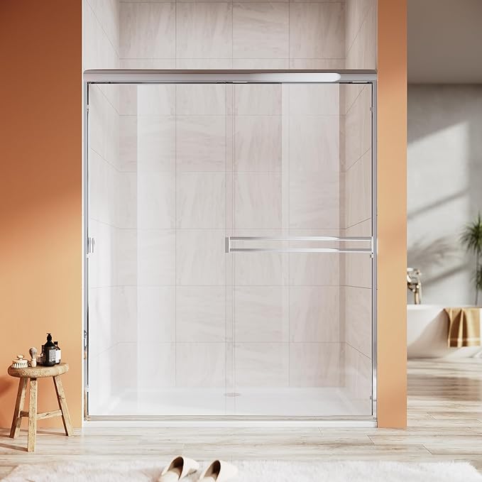 Shower Door 56-60 in. W x 72 in. H, UCALAFEE Semi-Frameless Double Sliding Shower Door with 1/4" (6mm) SGCC Clear Tempered Glass, Silent Soft-Close & Anti-Leak Walk-in Shower Door, Chrome Finish