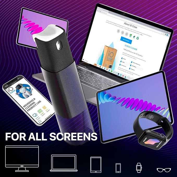 Mini Screen Cleaner Spray – Finger Proof Screen Cleaner for Smartphones, iPads, MacBooks, Laptops, Car Screens, Touchscreens – 3in1 Mist Cleaner, Microfiber Cloth and Cover (Navy Blue)