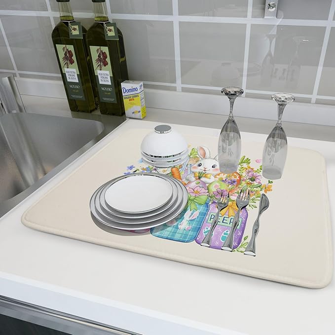 Easter Bunny Carrots Dish Drying Mat for Kitchen Counter,Spring Colorful Flowers Mason Jar Drying Mat 18 x 24 Inch with Absorbent Reversible Microfiber Drying Pad for Coffee Bar