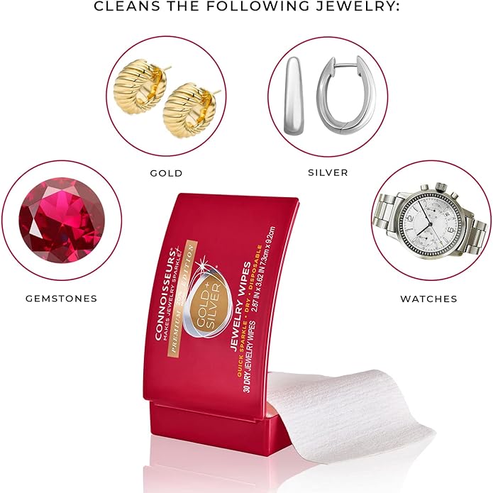 CONNOISSEURS Premium Edition Compact Jewelry Wipes No Rinse Gold and Silver Jewelry Cleaner, Polish and Remove Tarnish to Restore Brilliance, Dry Disposable Wipes, Diamond Dazzle Stik
