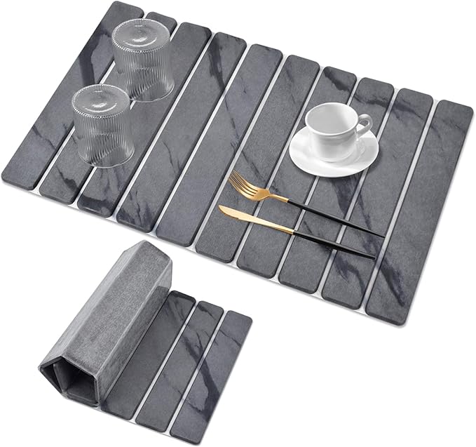 Large Stone Dish Drying Mats for Kitchen Counter, 24"(L)×16"(W) Marble-Pattern, Fast Drying Collapsible, Eco-Friendly Absorbent Diatomaceous Earth Mats, Match Any Countertop - Dark Grey