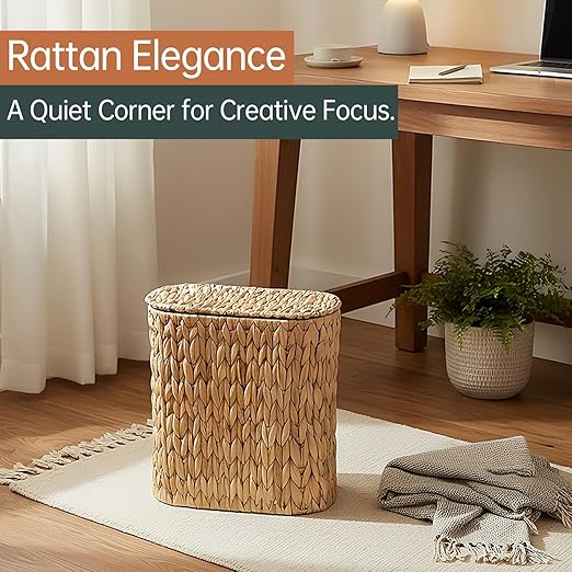 Wicker Bathroom Trash Can with Lid,Narrow Rattan Waste Basket with Removable Liner Bucket,Slim Woven Water Hyacinth Garbage Can for Bedroom,Office,Small Spaces,3 Gallon
