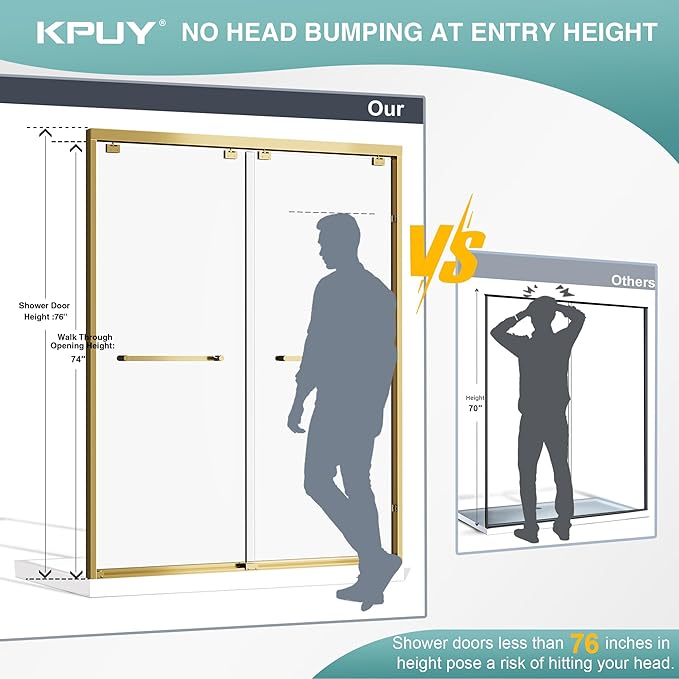 KPUY Glass Shower Door, 43-48" W x 76" H Semi-Frameless Double Sliding Shower Door, 1/4" (6mm) Thick Tempered Clear Glass with Explosion-Proof Film Nano Coating, Brushed Gold