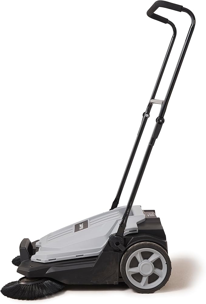 Walk-Behind Outdoor Hand Push Floor Sweeper - 5.25 Gallon Capacity - 25.5" Sweeping Width - Sweeps up to 27,900 ft/Hour, Grey