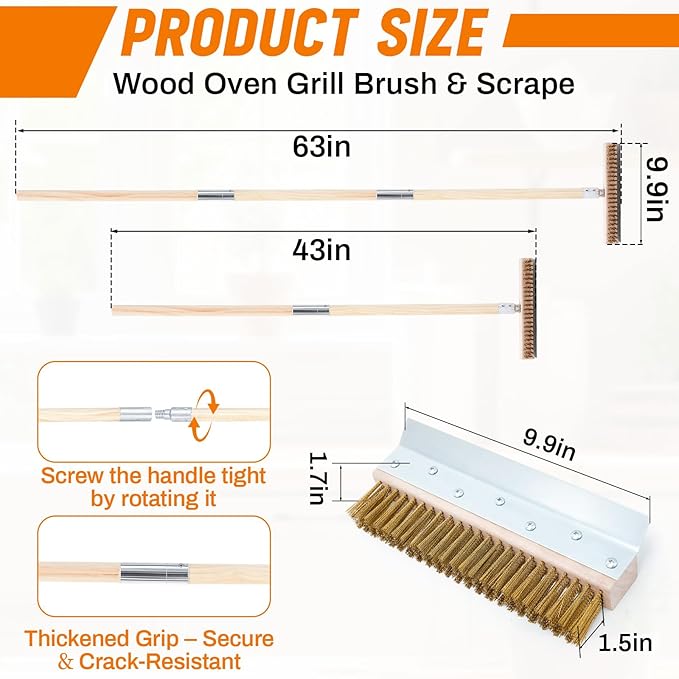 2 Pack 63 Inch Wood Handle Pizza Oven Brush with Scraper Outdoor Pizza Oven Cleaning Brush Tool, Aluminum Threaded Tip, Brass Bristles with Steel Scraper