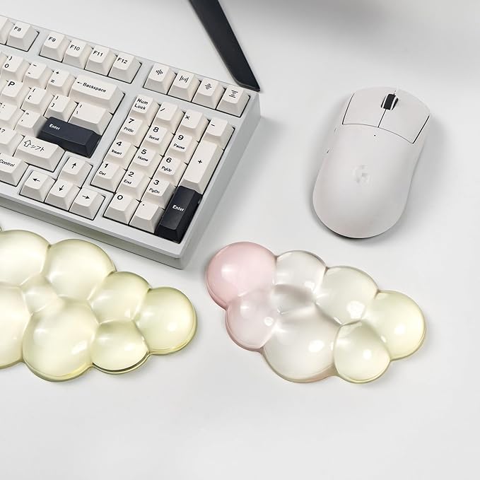 Ergonomic Cloud Silicone Gel Keyboard and Mouse Wrist Rest Set – Clear Wrist Rest for Computer Keyboard 60%/68%/75%, Comfort & Support for Typing and Gaming (Yellow Pink)