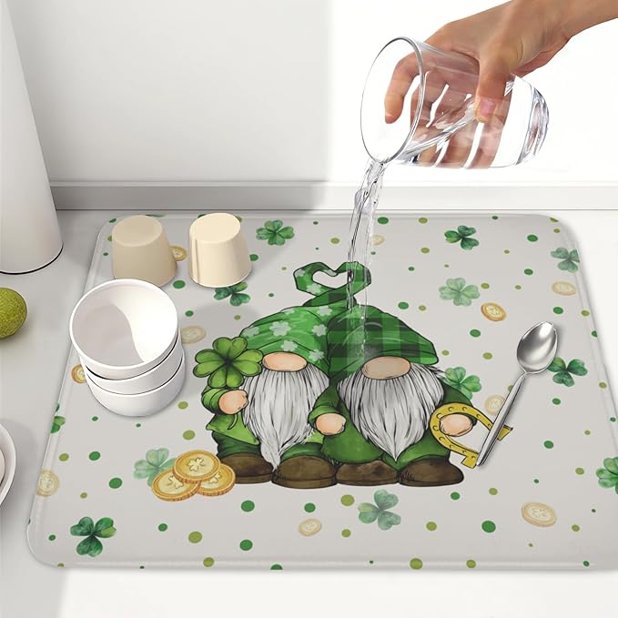 St Patrick's Day Gnome Dish Drying Mat for Kitchen Counter,Inch Lucky Shamrock Gold Coin Drying Mat 16 x 18 Inch with Absorbent Reversible Microfiber Dish Drying Pad for Coffee Bar