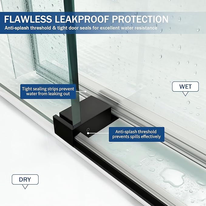 Abruzzo 76" Frameless Shower Door Single Sliding - 1/4" Tempered Glass Soft Close, Matte Black, Adjustable 56-60" Width