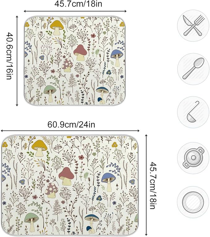 Cute Mushroom Wild Plant Dish Drying Mat for Kitchen Counter Absorbent Microfiber Drying Pad, Medium 16x18 in, Reversible Drainer Mats