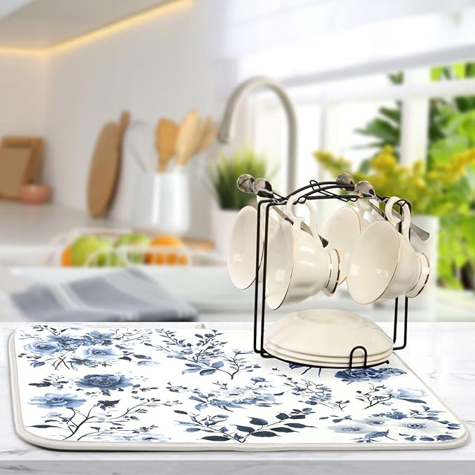 Blue White Porcelain Flower Dish Drying Mat for Kitchen Counter Absorbent Microfiber Drying Pad, Large 18x24 in