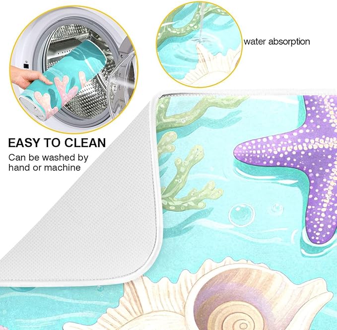 Coral Sea Shells Stars Pattern Dish Drying Mat for Kitchen Counter Super Absorbent Drying Mat 18x24 inch Large Dish Drying Matts for Countertop Protector Dishes Pad
