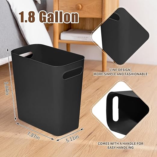 Platic Trash Can - Small Waste basketbin - 1.8 Gallon- for Office,Home,Bathroom,Kitchen - Black