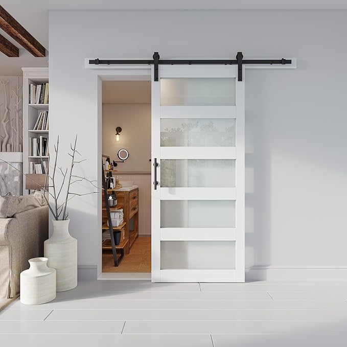 36'' x 84'' Glass Barn Door and 6.6 Ft Hardware Kit Included, MDF White Barn Door Slab with Frosted Glass, PVC Surface, Combined with Handle and Floor Guide-Assembly Required, White